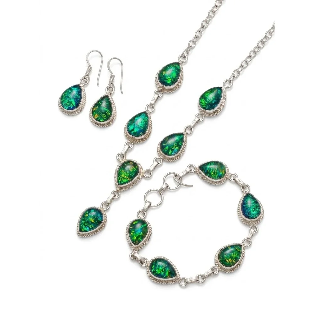 Vtg 925 Sterling Silver Green Dichroic Glass Necklace Bracelet Earrings Set